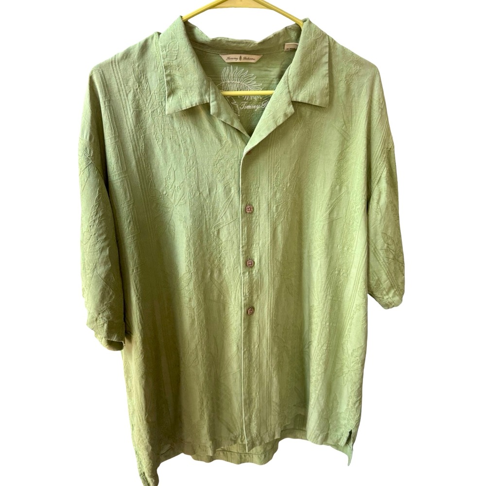 Tommy Bahama 100% Silk Camp Shirt‎ Green Hawaiian Floral Jacquard Large